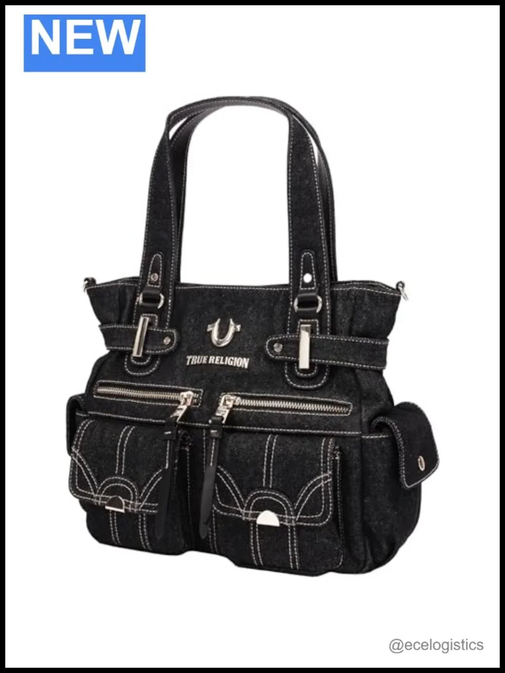 True Religion Multi Pocket Denim Cinch Tote - Cotton-Poly Structured Denim,